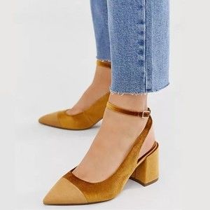 ASOS Women's Squire Mustard Marigold Ochre Velvet Point Toe Block Heels 9